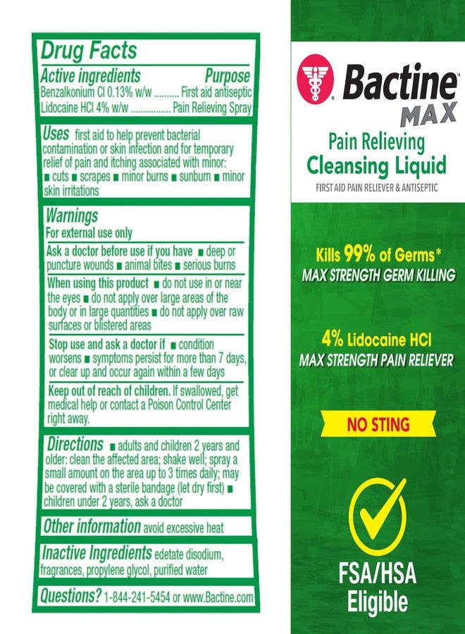 Bactine Max Pain Relieving Cleansing Liquid with Lidocaine, First Aid Pain + Itch Relief, Kills 99% of Germs, 4oz 2 Pack - Image 2